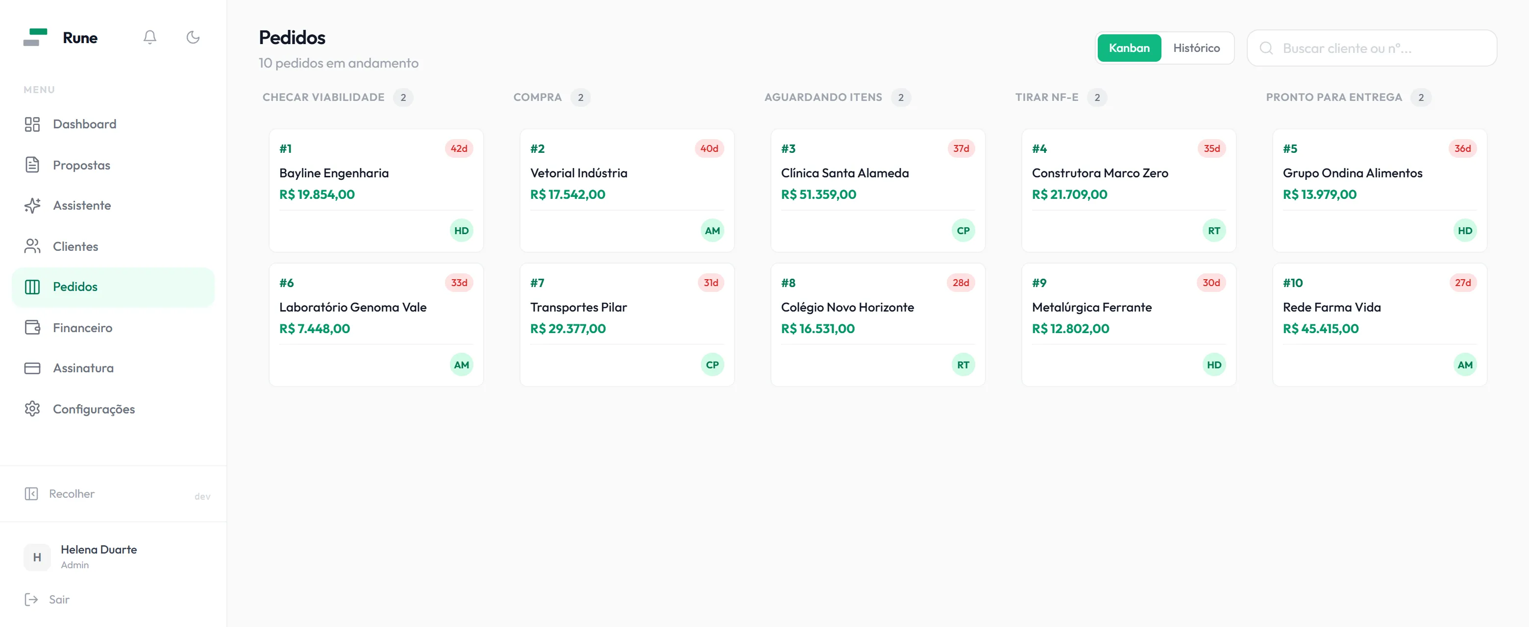 Quadro de pedidos do Rune, com os pedidos distribuídos pelas etapas Checar viabilidade, Compra, Aguardando itens, Tirar NF-e e Pronto para entrega.